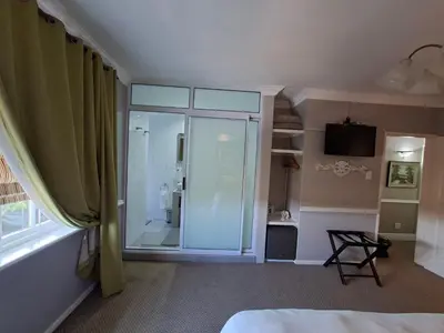 a bedroom with a shower and a glass door at Leeuwenhof Guesthouse in Caledon