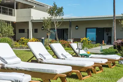 a row of chaise lounge chairs on the grass in a yard at Schulphoek Seafront Boutique Hotel in Hermanus