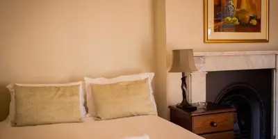 a bedroom with a bed with a lamp and a fireplace at Westbury House Guest House in Cape Town