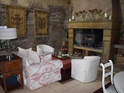 a living room with a couch and a fireplace at Franschhoek Rose Cottages in Franschhoek