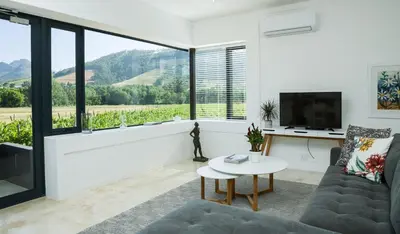 a living room with a couch and a tv and a table at Gite in Franschhoek