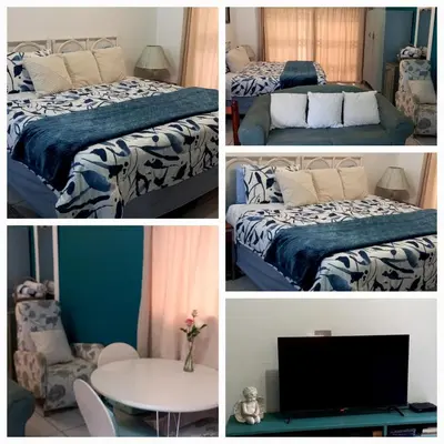 four pictures of a bedroom with two beds and a tv at 36 Df Strauss Street in Kleinmond