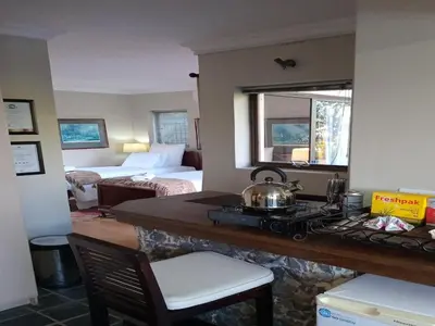 a hotel room with a bed and a kitchen with a stove at The Greens Guesthouse in Bellville