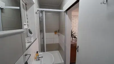 a bathroom with a shower and a sink and a toilet at Vergenoegd Guesthouse in Panorama