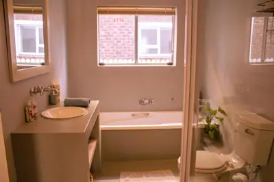 a bathroom with a sink and a toilet and a window at Hermanus Family Getaway - Near The Beach in Hermanus