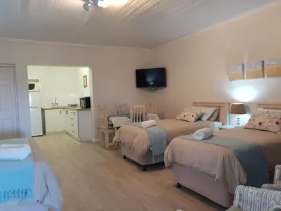 a bedroom with two beds and a kitchen with a sink at Tyger Hills Guest House in Bellville