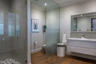 a bathroom with a shower and a sink and a toilet at The Residence @ Vrede & Lust in Franschhoek