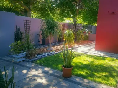 a garden with a potted plant in a yard at Eikelower Accommodation in Stellenbosch