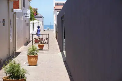 a woman is standing on a fence on a street at Sixteen Guesthouse on Main in Hermanus