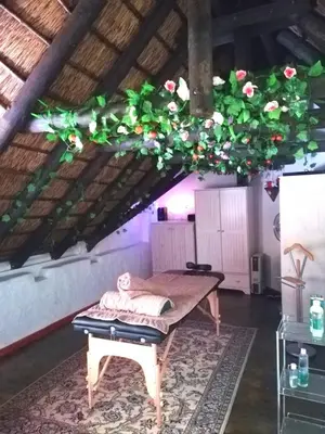 a room with a table with flowers on a ceiling at Oude Wellington Estate in Wellington