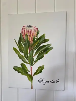a painting of a pink flower on a wall at Shore's Edge Luxury Oceanfront Home in Hermanus