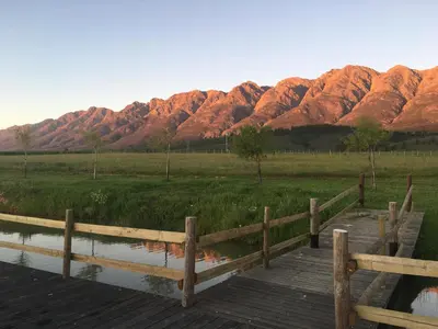 a wooden bridge over a pond with mountains in the background at Witzenberg Guest Farm in Wolseley