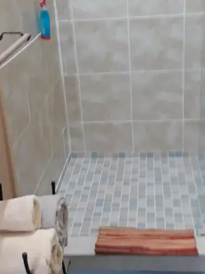 a bathroom with a shower with blue and white tiles at Jack's Seaview in Bettyʼs Bay