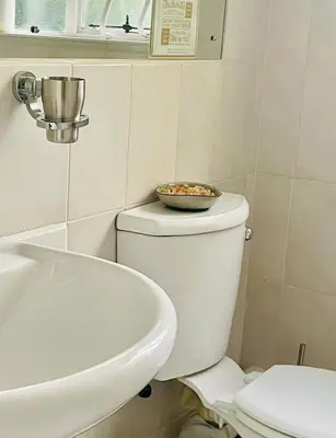 a bathroom with a white toilet and a sink at Milnerton Cottage in Cape Town