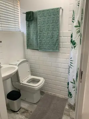 a bathroom with a toilet and a green towel at Just a Bed parking on street in Stellenbosch