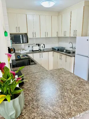 a kitchen with white appliances and a granite counter top at D'urban Ridge Self catering Apartment in Cape Town