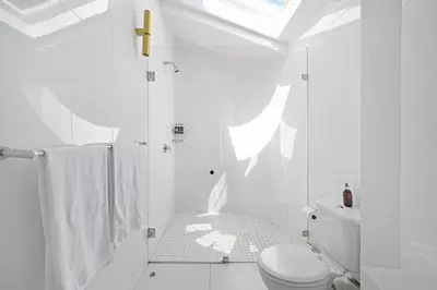 a white bathroom with a toilet and a shower at No. 6 The Yard in Franschhoek