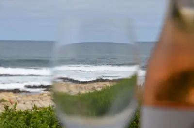 a view of the ocean through a wine glass at Beach Villa Apartment in Hermanus
