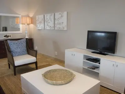 a living room with a tv and a chair at Kenjockity Self Catering Apartments in Hermanus
