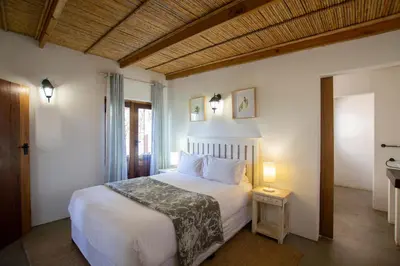 a bedroom with a white bed and a window at Denneboom Vineyards and Wildlife in Paarl