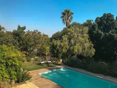 a swimming pool in a yard with a palm tree at Protea Suite in Cape Town