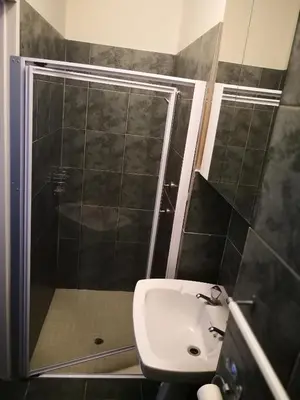 a bathroom with a shower and a white sink at The Room in Cape Town