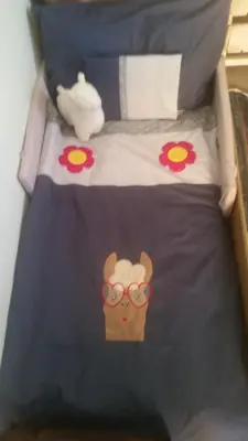 a bed with a picture of a cat wearing glasses at Alpaca Self Catering Cottage Kleinmond in Kleinmond