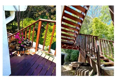 two pictures of a wooden staircase with a pot of flowers at Studio on McLeod - Private Self-catering Apartment in Somerset West