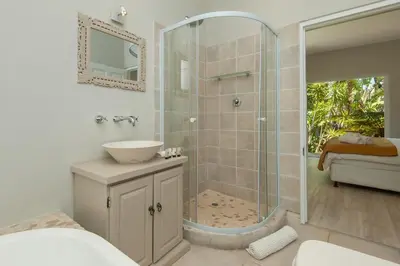 a bathroom with a shower with a sink and a mirror at Villa Blu Guesthouse in Hermanus