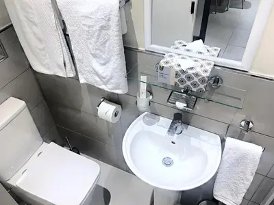 a small bathroom with a sink and a toilet at Selton Guesthouse in Cape Town