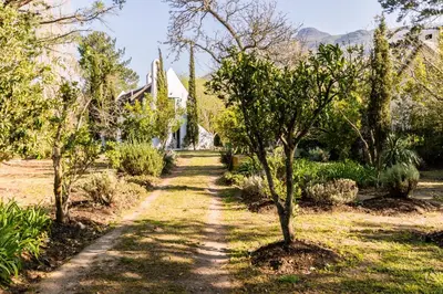 a path in front of a house with trees at Die Wasbak in Greyton