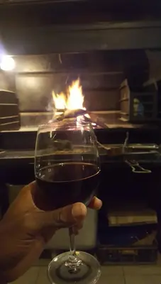 a person holding a glass of wine with a fire in an oven at Riverside Villa in Gordonʼs Bay