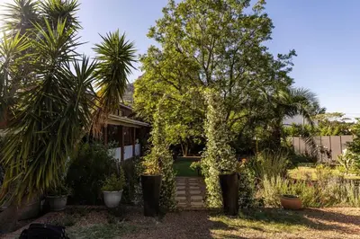 a garden with trees and plants in front of a house at Staymore in Stellenbosch