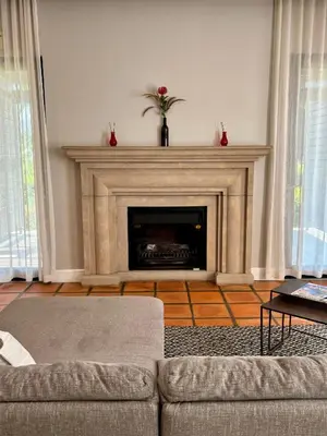 a living room with a fireplace and a couch at Lynx Wine Estate in Franschhoek