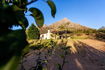 a house on a dirt road with a mountain in the background at Vergenoegd in Brandwacht