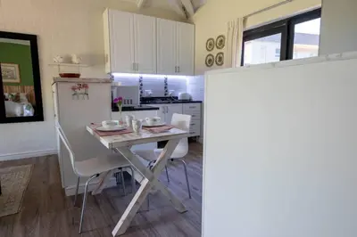 a kitchen with a table with chairs and a refrigerator at The Amaryllis Luxury Apartment Bella Donna in Bettyʼs Bay