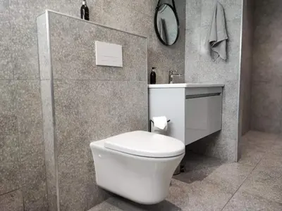 a bathroom with a white toilet and a mirror at Hilton House in Pringle Bay
