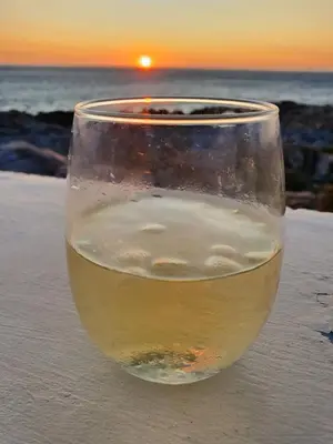 a glass of wine with the sunset in the background at Kleinblom in Pringle in Pringle Bay