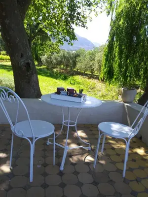 two white chairs and a table with a tray on it at Cabernet Cottage Be Still and Know in Franschhoek
