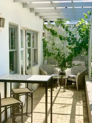 an outdoor patio with tables and chairs and a vine at One Oak Guest House in Somerset West