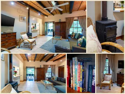 a collage of four pictures of a living room at GreyCot in Greyton