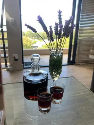a bottle of whiskey and two glasses on a table at House Vos in Hermanus