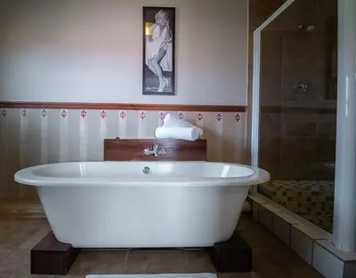 a white bath tub in a bathroom with a shower at Broadway Tygervalley House in Cape Town