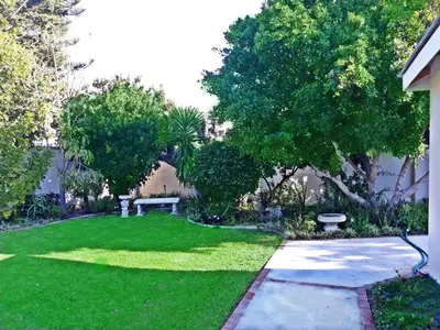 a yard with green grass and trees and a sidewalk at Summer House in Hermanus