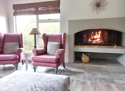 a living room with two chairs and a fireplace at Silverdunes - GardenView in Bettyʼs Bay