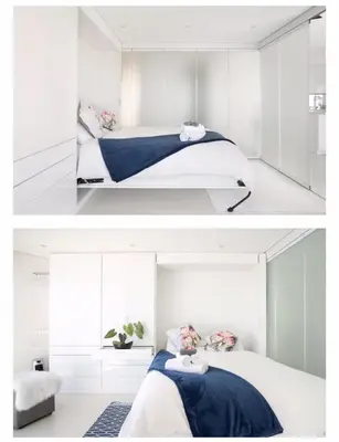 two pictures of a bedroom with a bed and a window at Designer Flat with scenic views in Cape Town