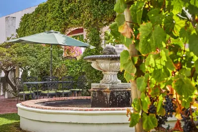 a fountain with an umbrella and tables and chairs at Deux Frères Wine Estate & Luxury Villas in Stellenbosch