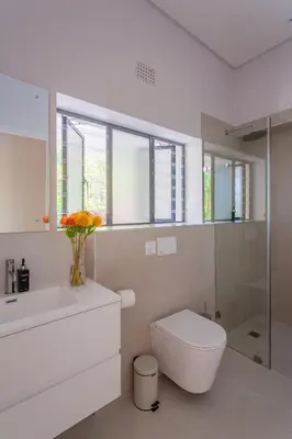 a white bathroom with a toilet and a sink at Minserie Collection in Stellenbosch