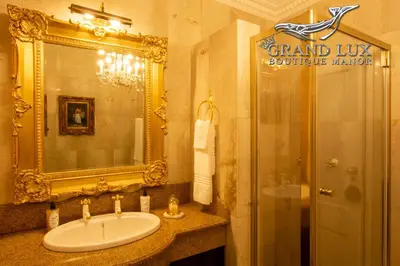 a bathroom with a sink and a mirror and a shower at Grand Lux Boutique Manor in Hermanus