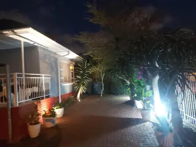 a patio at night with a bunch of potted plants at izuba Lodge in Cape Town